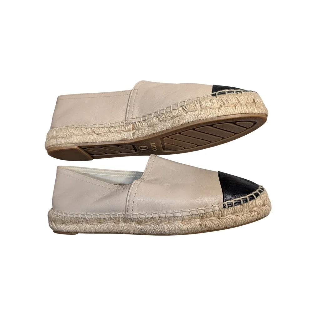Aldo Womens Beige Leather Cap Toe Espadrille Flats Black Contrast Slip On Size 9